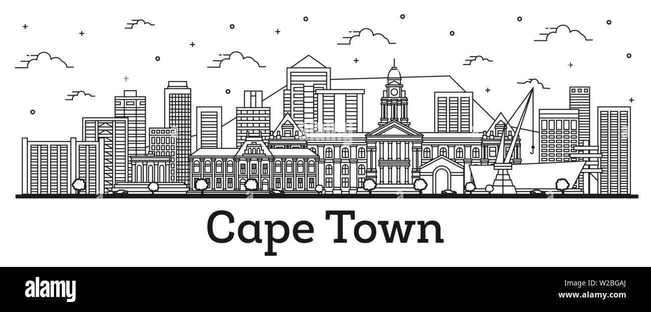 Contours Cape Town Afrique du Sud sur les toits de la ville avec des immeubles modernes isolé sur blanc. Vector Illustration. La ville de Cape Town avec repères. Illustration de Vecteur