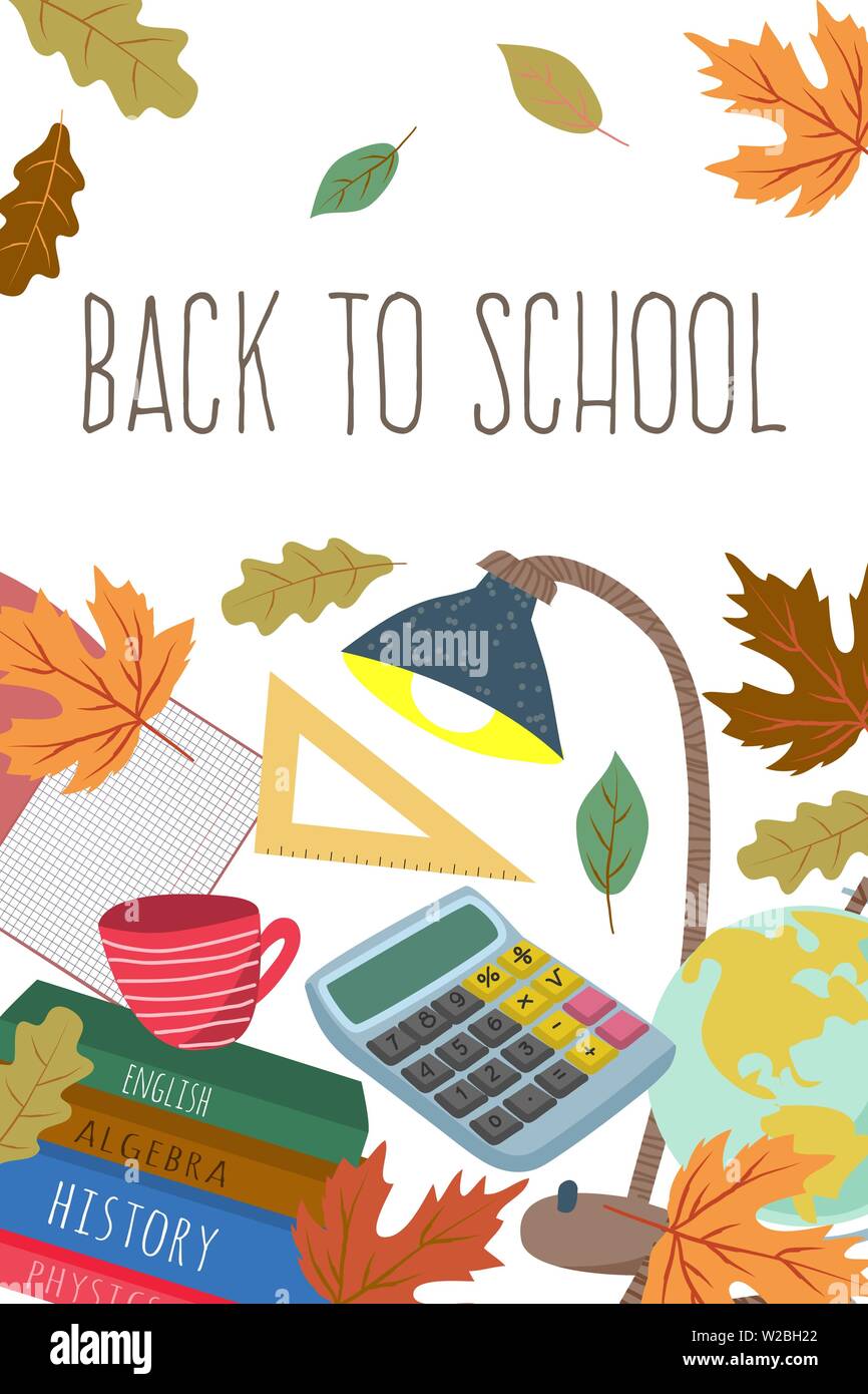 Retour à l'école. Cute vector illustration pour poster, l'arrière-plan, une bannière ou une carte, dessin libre avec la papeterie, livres et une lampe de table, sur fond blanc Illustration de Vecteur