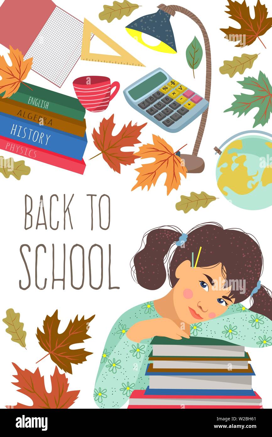 Retour à l'école. Cute flat vector illustration pour poster, l'arrière-plan, une bannière ou une carte, dessin libre avec lycéenne, papeterie et livres sur un Illustration de Vecteur
