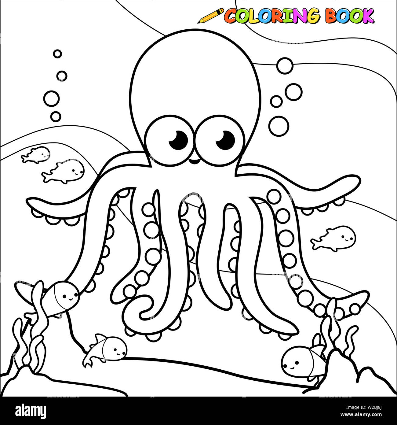 Joli fond d'animaux marins avec poulpe et poissons nageant sous l'eau. Poissons de dessins animés et poulpe sur le fond de la mer. Coloriage noir et blanc Banque D'Images