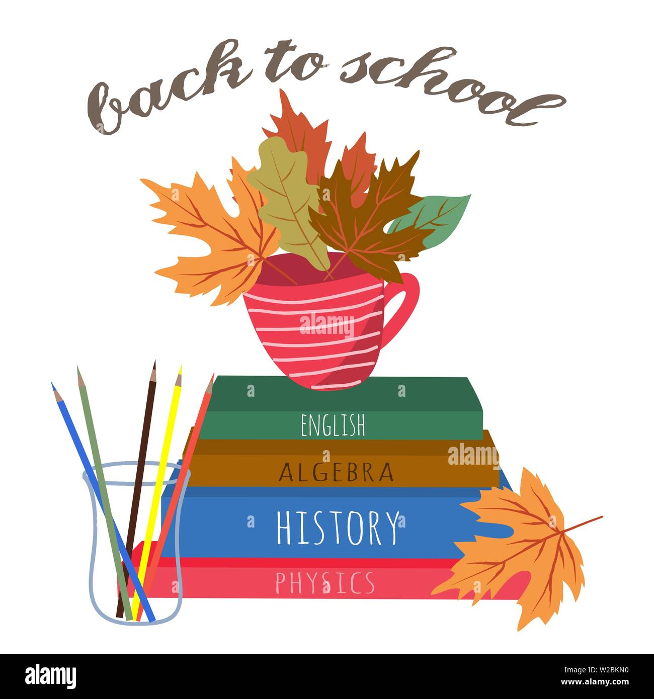 Retour à l'école. Cute vector illustration pour poster, l'arrière-plan, une bannière ou une carte, dessin libre avec la papeterie, livres et crayon sur un livre blanc Illustration de Vecteur