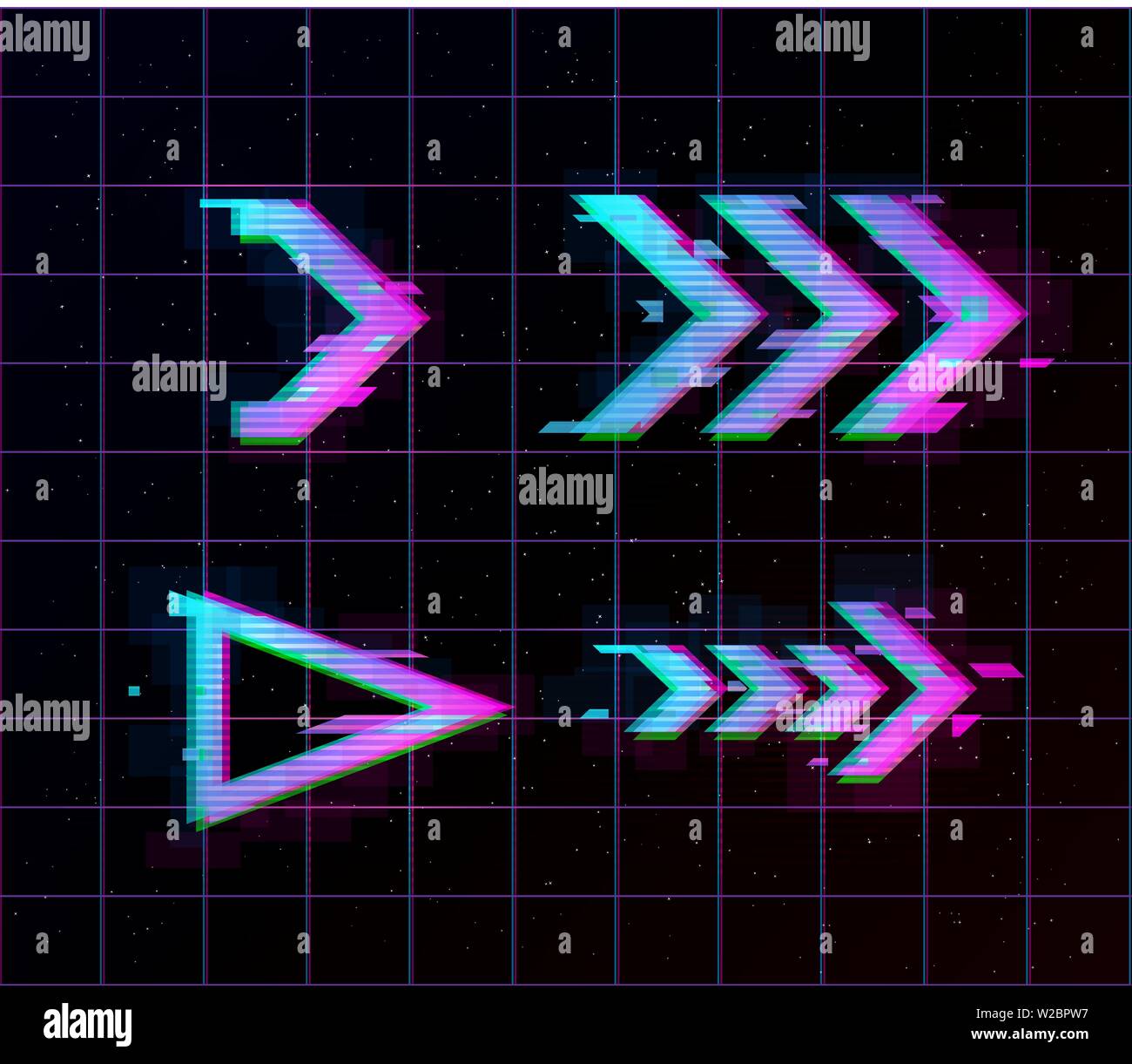 Synthwave vaporwave retrowave Flèches Glitch, pointeurs, direction définie. Éléments de conception pour le Glitch, affiche, flyer, bannière web, couverture. Eps 10 Illustration de Vecteur