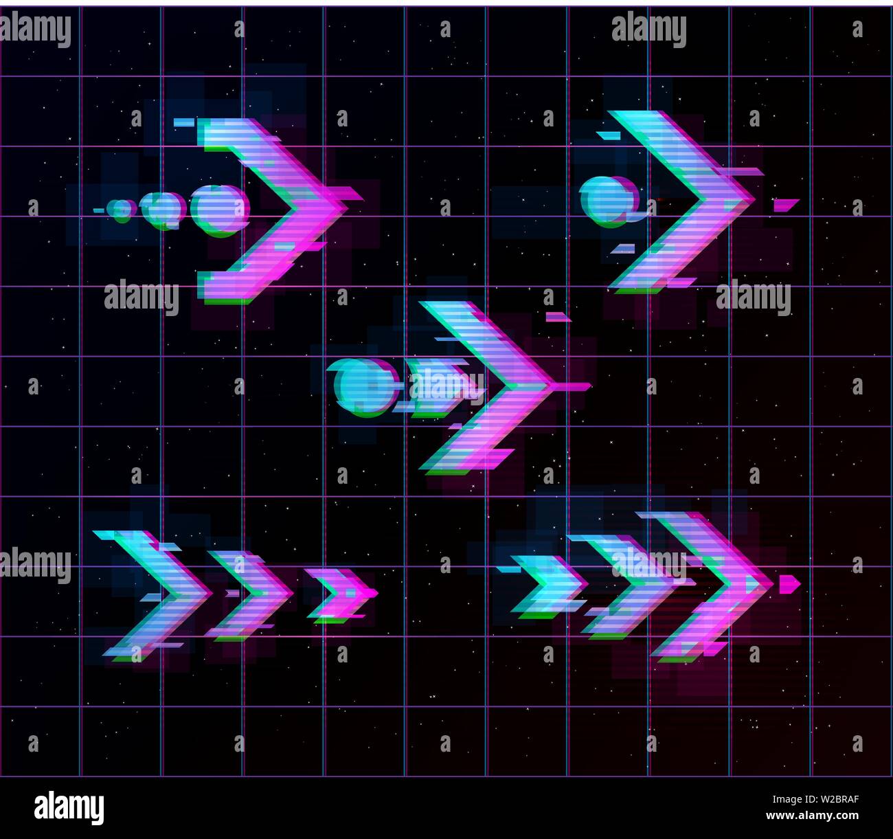 Synthwave vaporwave retrowave Flèches Glitch, pointeurs, direction définie. Éléments de conception pour le Glitch, affiche, flyer, bannière web, couverture. Eps 10 Illustration de Vecteur