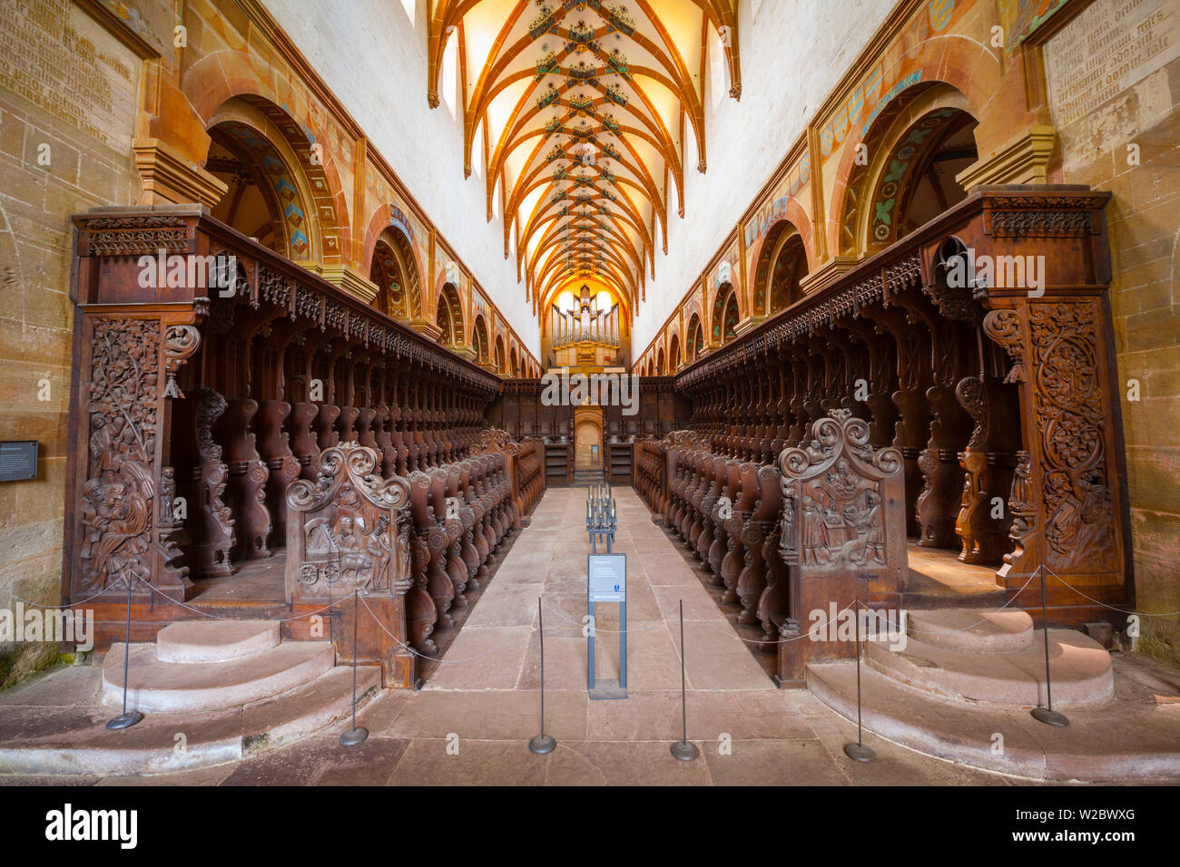 Les stalles du chœur dans le monastère cistercien médiéval (Kloster Maulbronn) inscrite au Patrimoine Mondial de l'UNESCO, Bade Wurtemberg, Maulbronn, Allemagne Banque D'Images