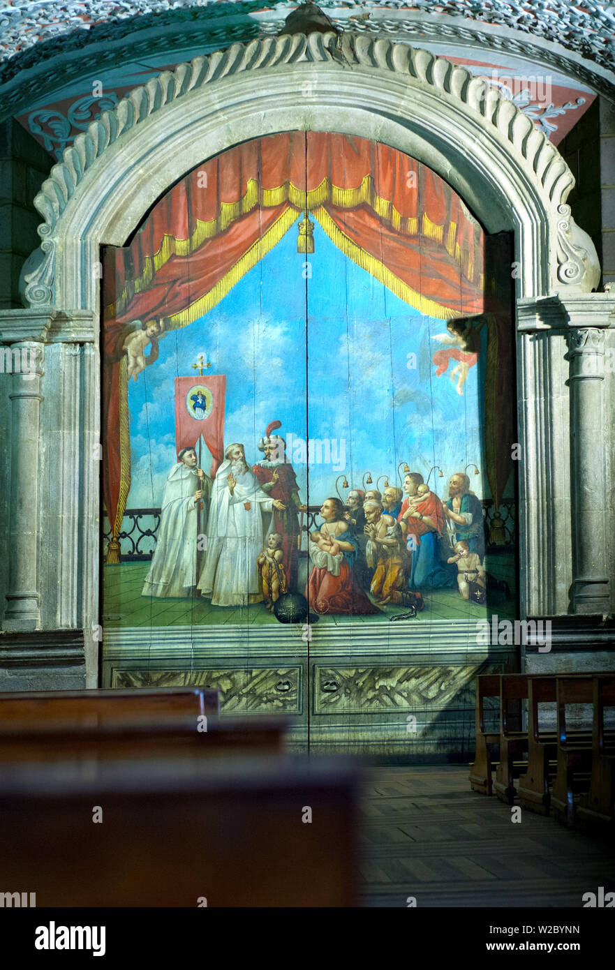 Iglesia La Merced, intérieur bois, Peinture Espagnol Réunion avec les peuples autochtones, Quito, Équateur Banque D'Images