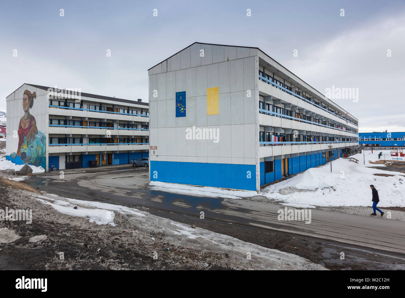 Le Groenland, Nuuk, ville des projets de logement avec les Inuit art mural Banque D'Images