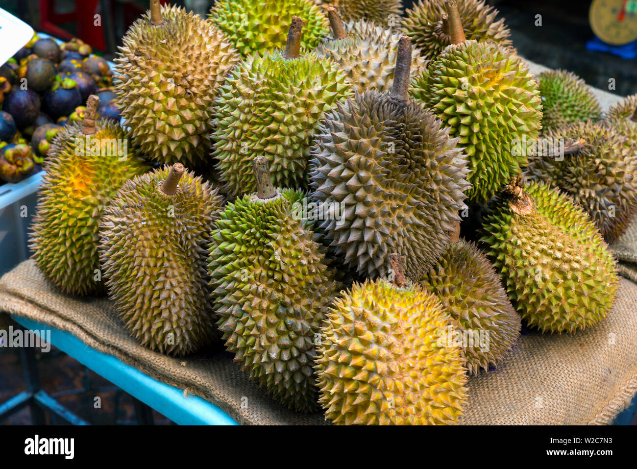 La Malaisie, Kuala Lumpur, China Town, juste à côté de Petaling street, la rue du marché, Durian fruit à vendre Banque D'Images