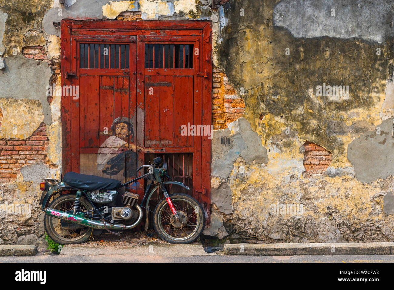 La Malaisie, Penang, Georgetown, Ah Ah Lebuh (Rue Quee Quee), Garçon sur un vélo murale, Street Art Banque D'Images
