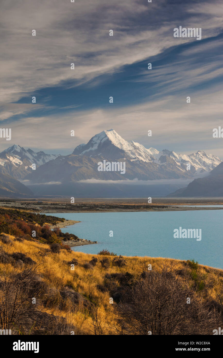 Nouvelle Zélande, île du Sud, Canterbury, Aoraki-Mt. Cook, Mt. Cook et Lac Pukaki Banque D'Images