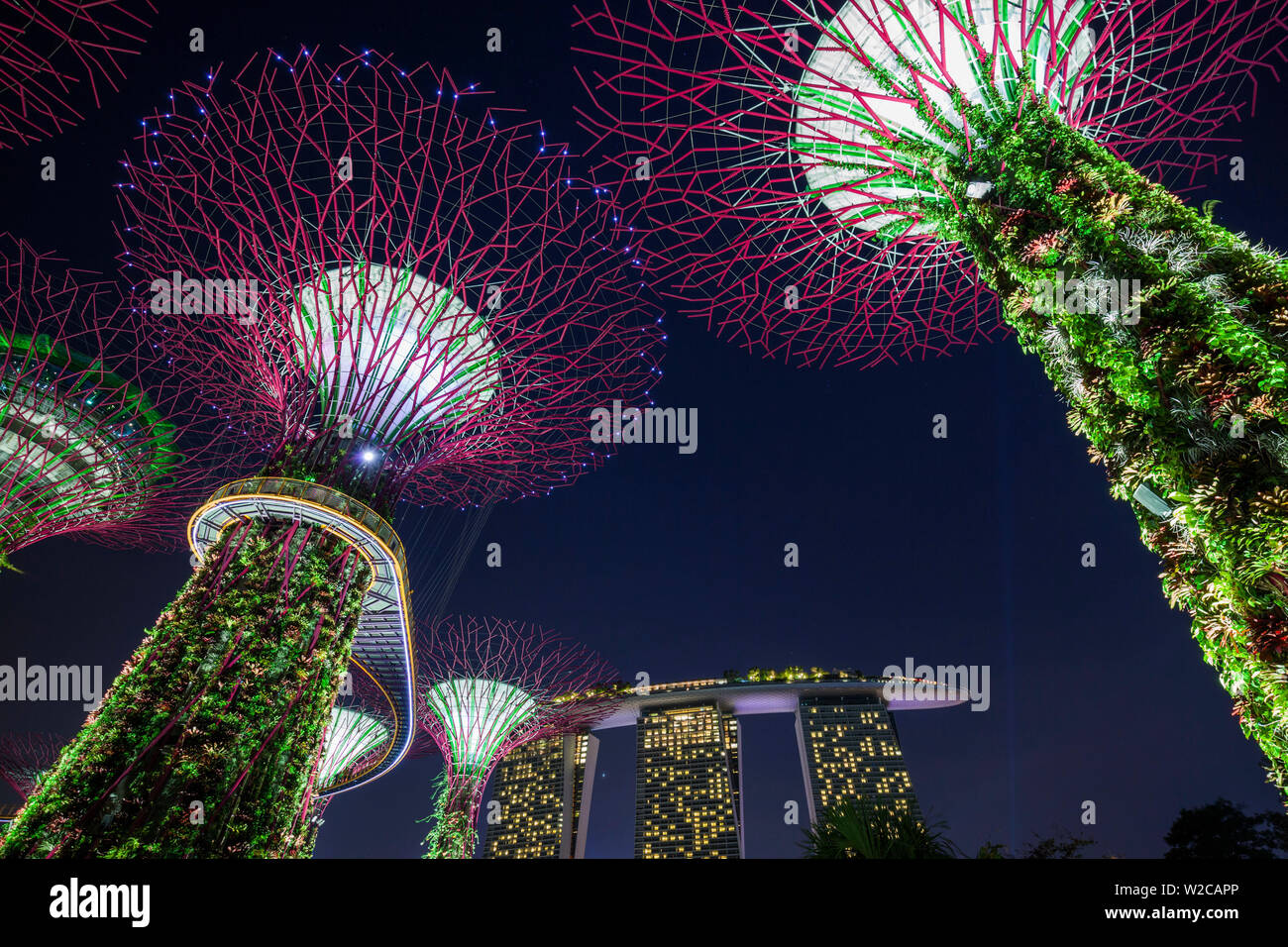 Singapour, les jardins de la baie, l'établissement Super Tree Grove et Marina Bay Sands Hotel, dusk Banque D'Images