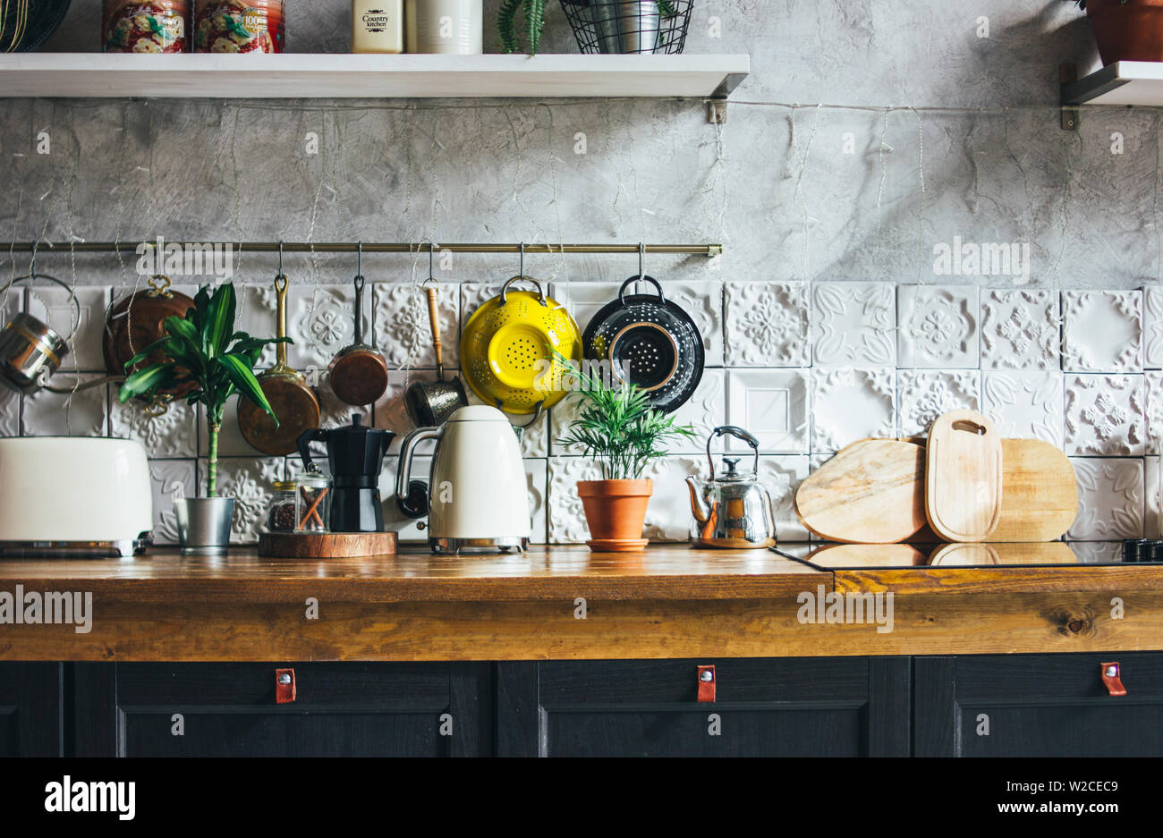 Surface de travail de cuisine, les éléments de l'intérieur, style rustique scandinave Banque D'Images