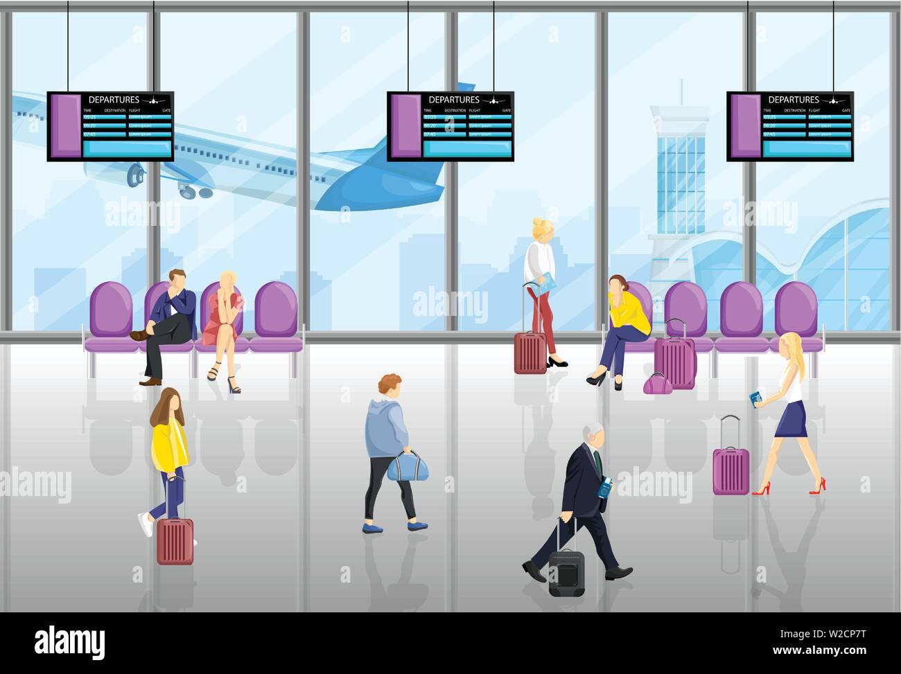 Les gens dans l'aéroport Vector télévision style. Balades touristiques ou assis dans les chaises. Arrière-plan sur les écrans tableau Temps Illustration de Vecteur