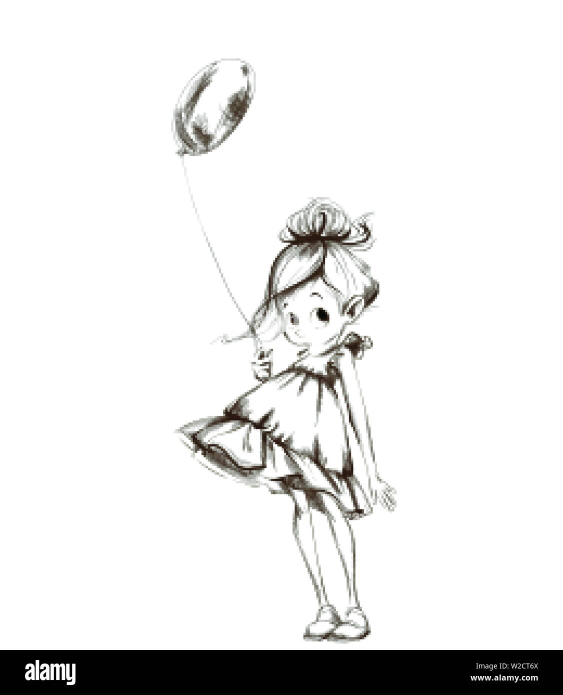 Petite fille avec un ballon vecteur. Personnage de dessin d'art en ligne  Image Vectorielle Stock - Alamy