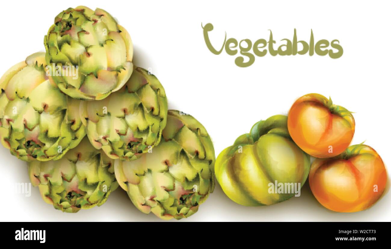 Les artichauts et les tomates vertes aquarelle de vecteur. La récolte d'épicerie produits frais bio affiche publicité autocollant. Illustration de Vecteur