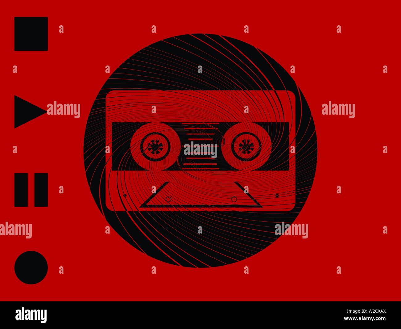 Silhouette de la musique ancienne dans un tourbillon de bande frontière circulaire sur fond rouge avec Play Pause Stop et boutons Rec Illustration de Vecteur