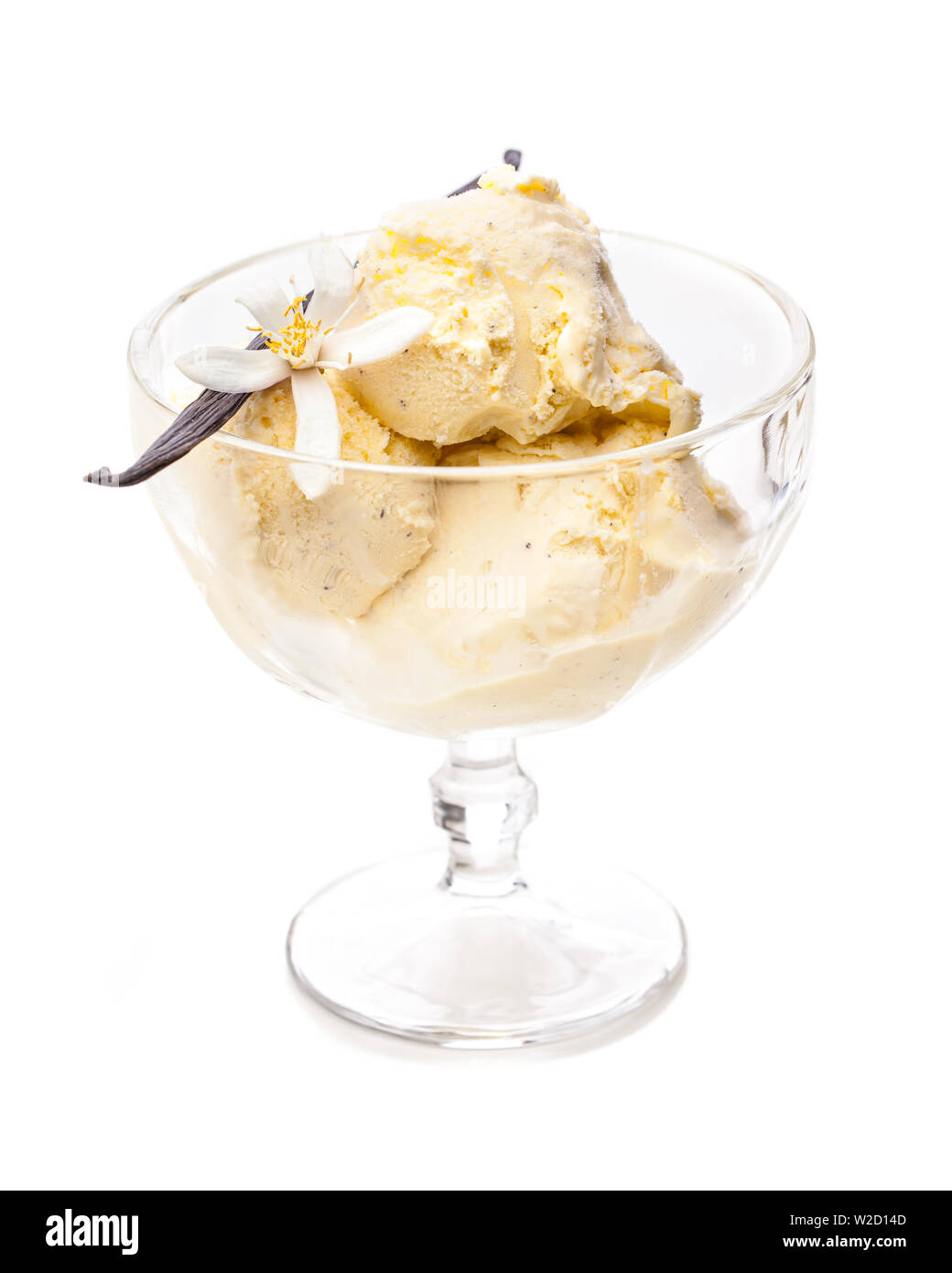 Coupe de glaces sundae : crème glacée à la vanille avec gousse de vanille et fleur en verre isolé sur fond blanc Banque D'Images
