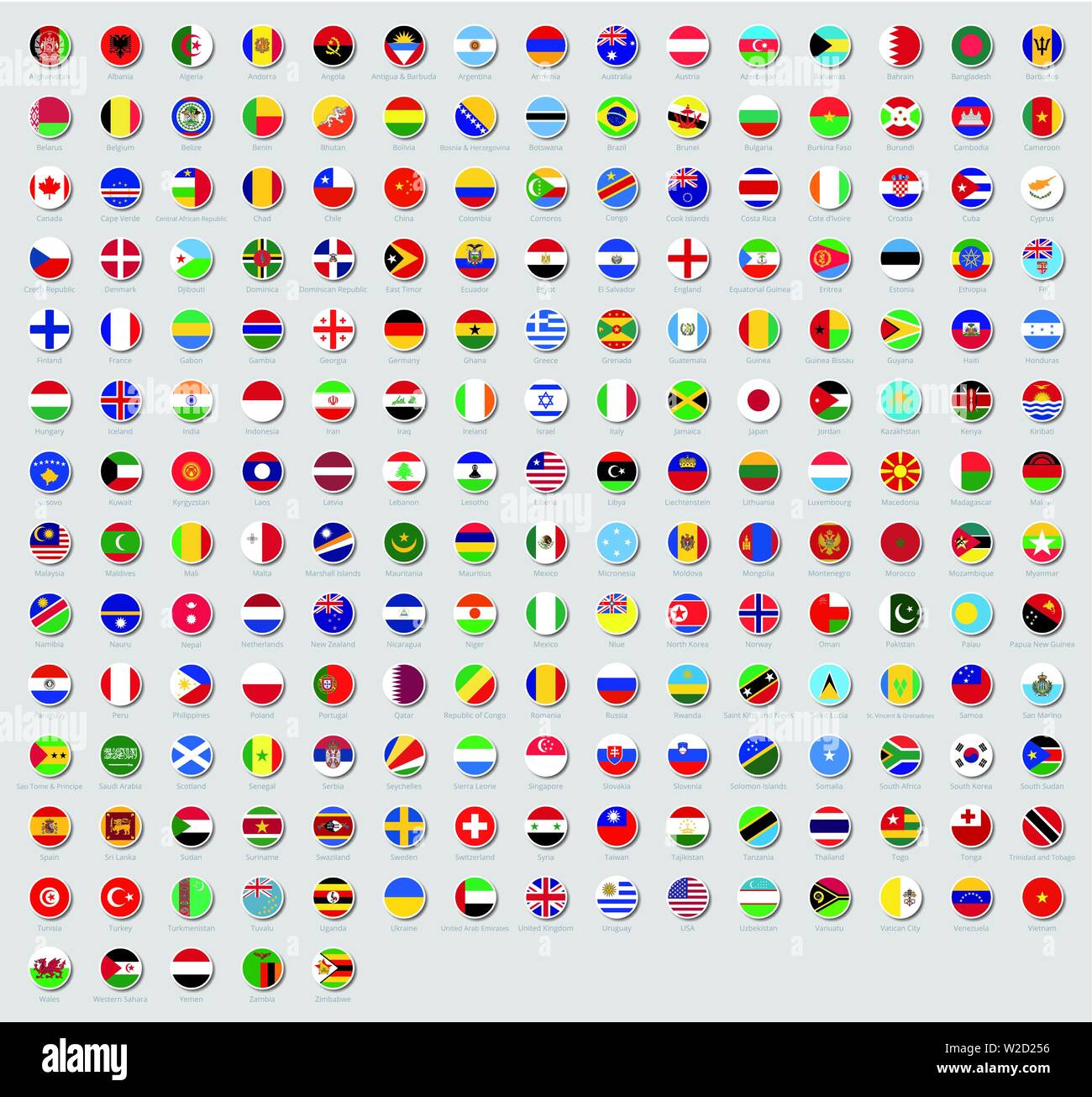 Tous les drapeaux nationaux du monde autocollants avec des noms. Drapeaux  arrondis, forme circulaire, autocollants. Drapeau vecteur haute qualité  isolé sur fond gris Image Vectorielle Stock - Alamy