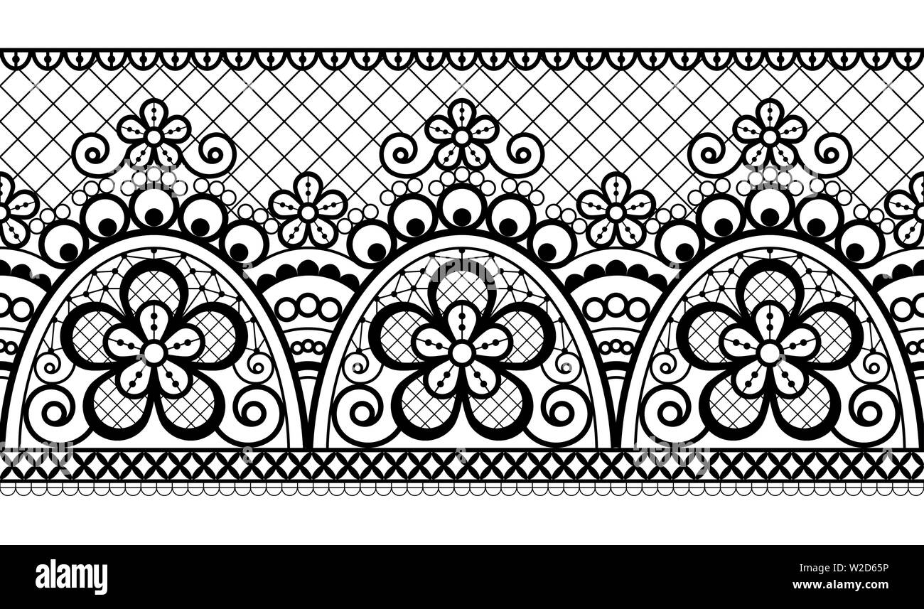 Modèle vectoriel continu - mariage rétro conception de dentelle à l'ancienne conception répétitives, avec des fleurs et des vagues en noir sur fond blanc. La broderie Illustration de Vecteur