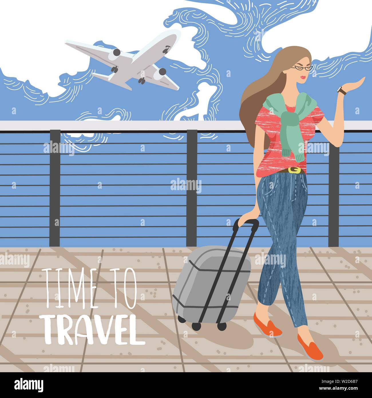 Cute vector illustration avec Femme regardant une montre-bracelet et de valise dans le contexte d'un avion en vol dans le ciel. Girl prêt à voyager Illustration de Vecteur