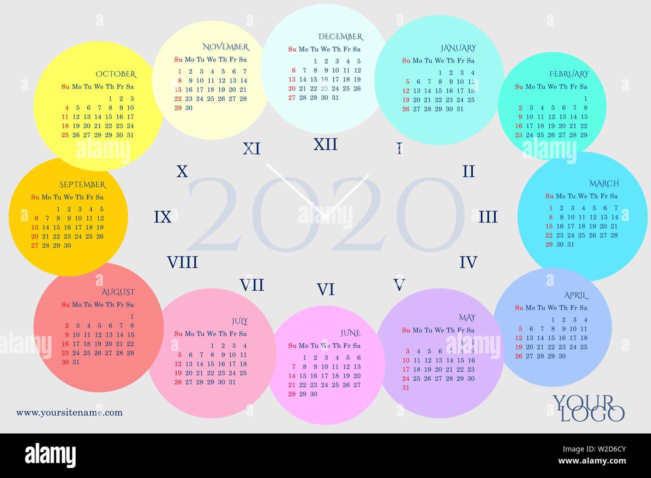 Dans l'horloge calendrier 2020 formulaire avec mois en cercles arc-en-ciel, les jours de la semaine, les chiffres romains. Dimanche en rouge. Arrière-plan gris perlé Illustration de Vecteur