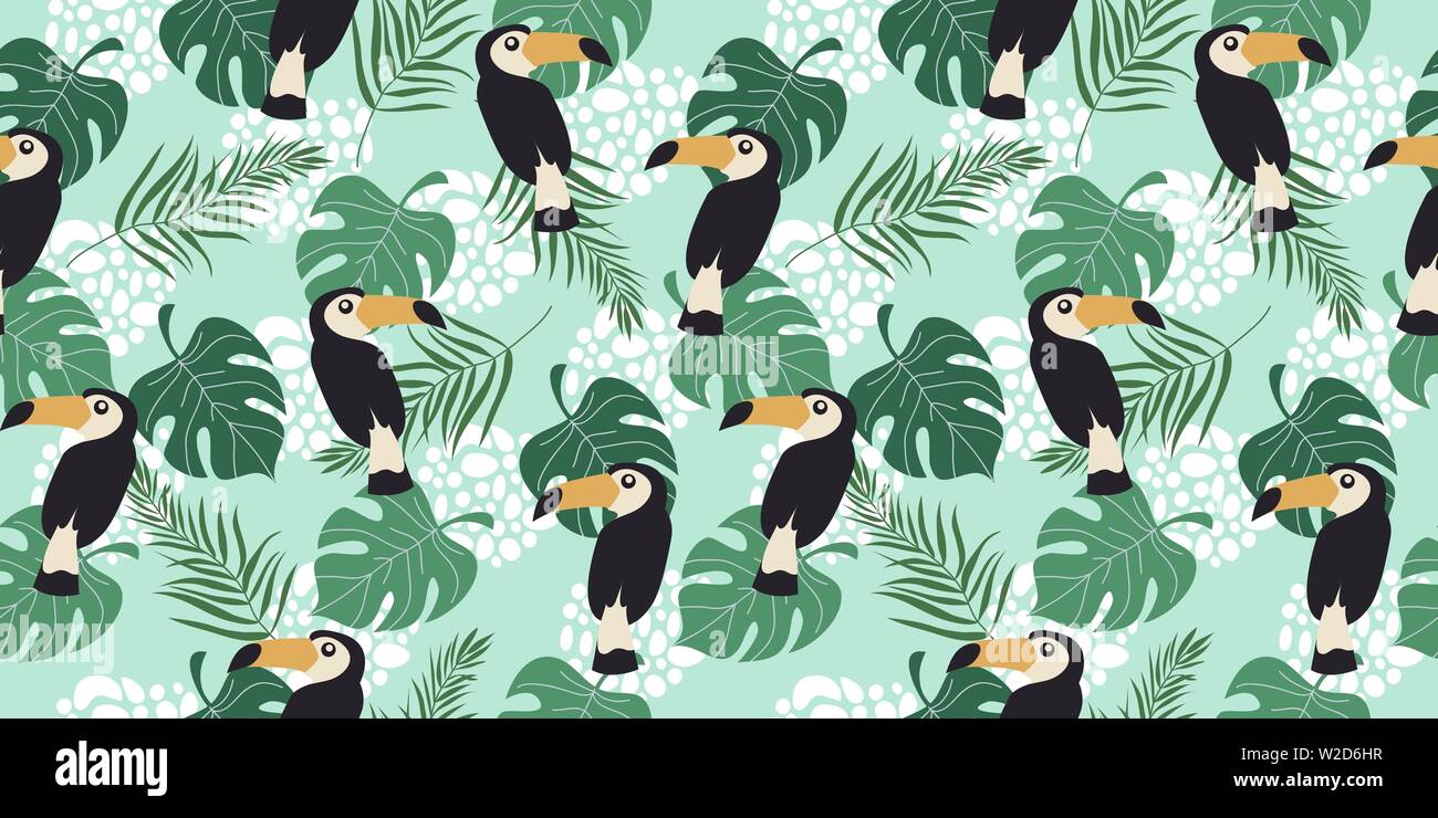 Hand drawn seamless pattern horizontale avec les oiseaux tropicaux et de feuilles sur fond bleu. Vector illustration télévision de toucan . Illustration de Vecteur