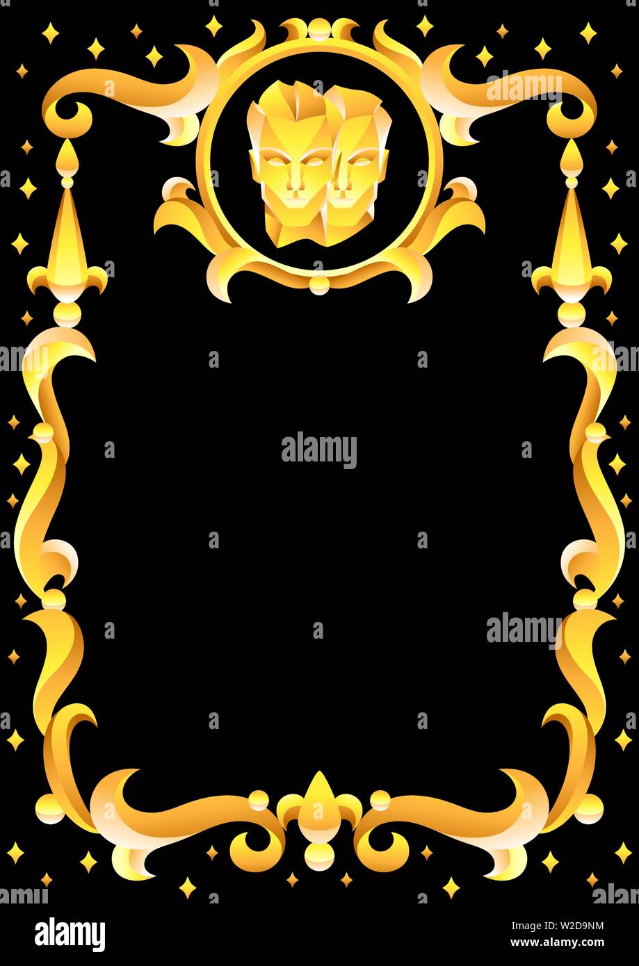 Signe astrologique gémeaux avec cadre doré. Symbole de l'horoscope. Illustration de Vecteur