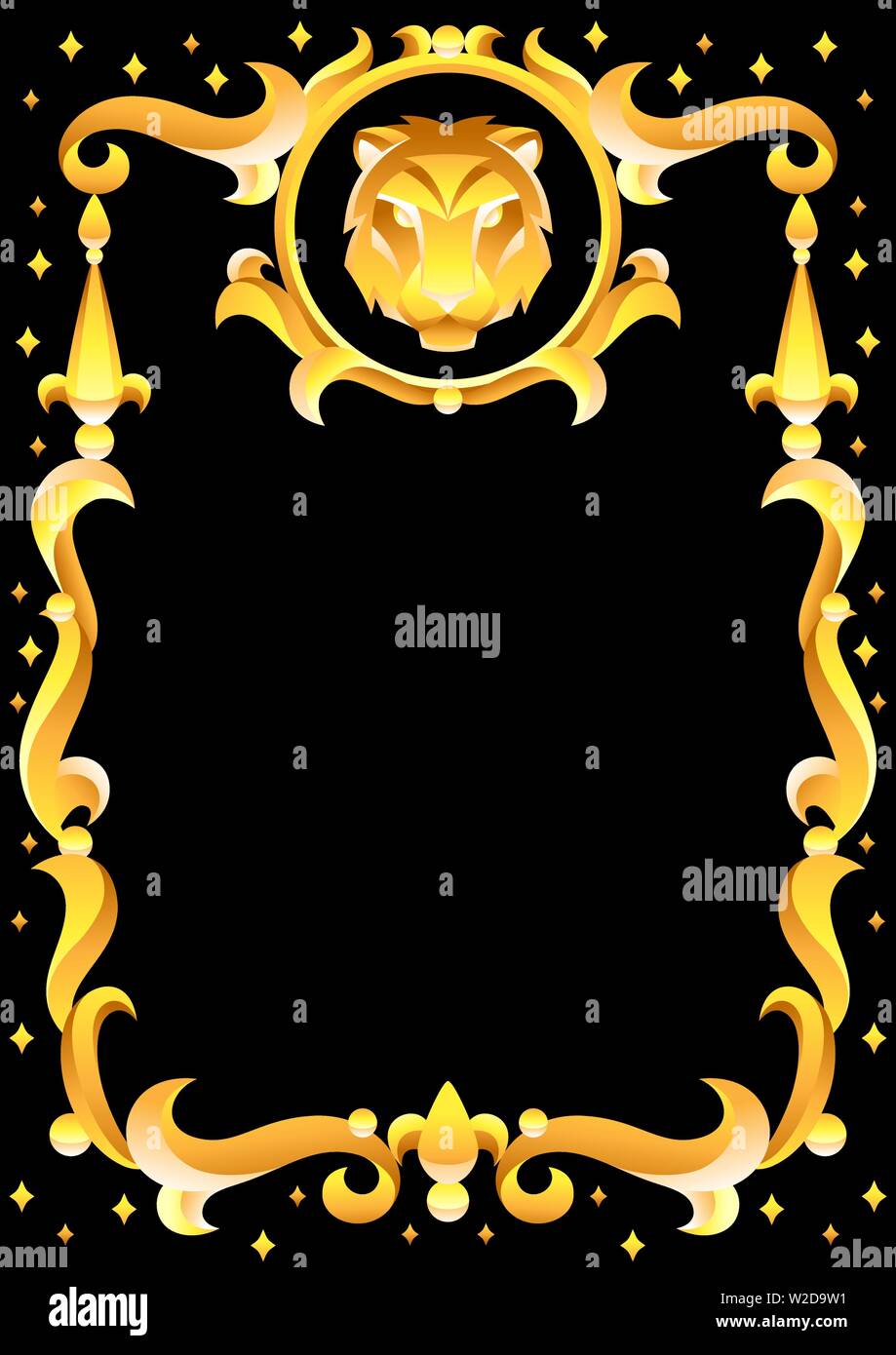 Lion signe du zodiaque avec cadre doré. Symbole de l'horoscope. Illustration de Vecteur