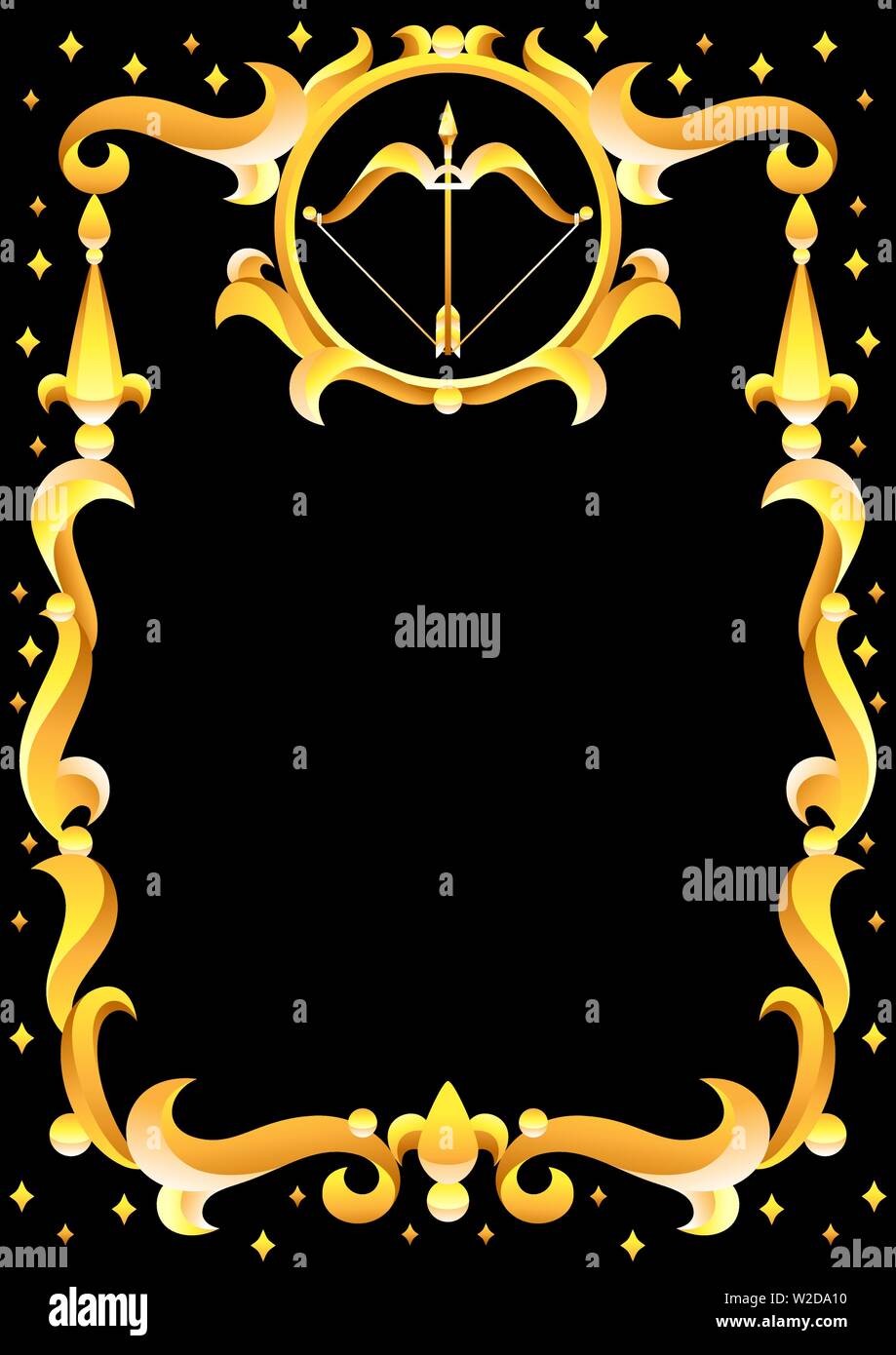 Signe astrologique Sagittaire avec cadre doré. Symbole de l'horoscope. Illustration de Vecteur