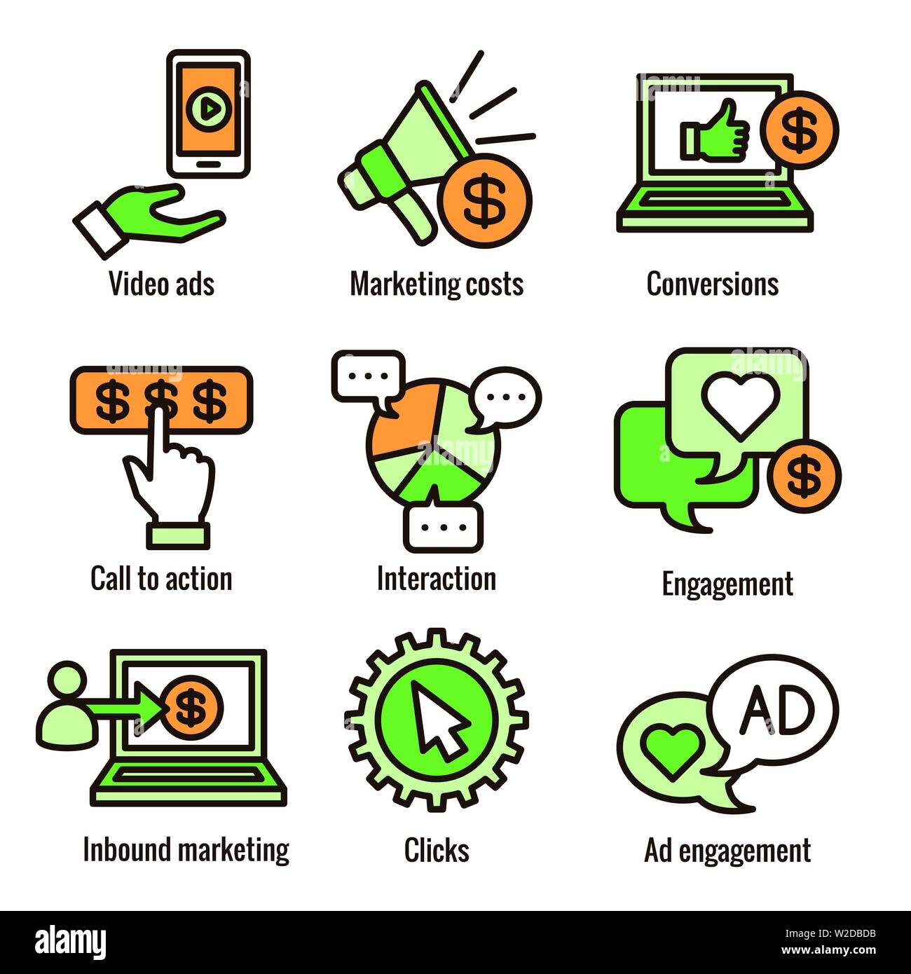 Social Media Icon Set - Annonces Annonces vidéo, l'engagement de l'utilisateur, etc. Illustration de Vecteur