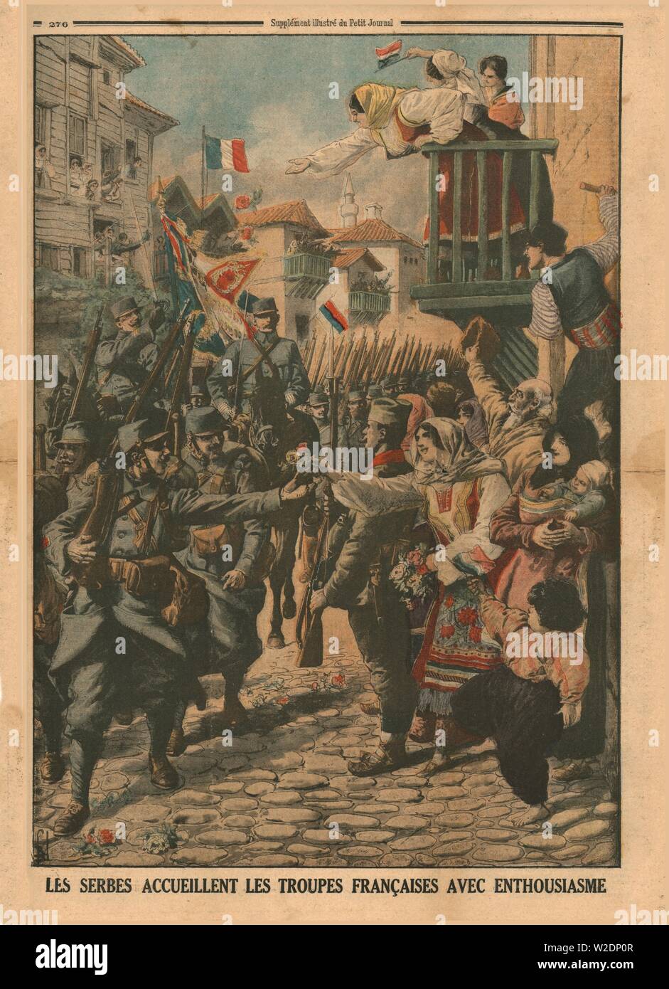 Les soldats français sont accueillis avec enthousiasme par les Serbes, 1915. Créateur : Inconnu. Banque D'Images