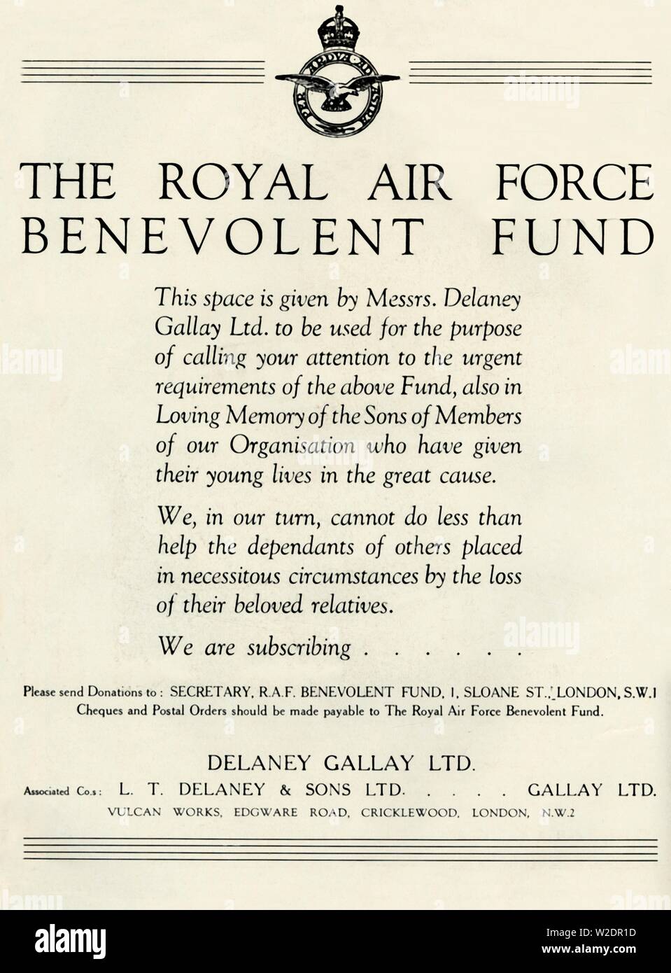 "Le Fonds de bienfaisance de la Royal Air Force', 1941. Créateur : Inconnu. Banque D'Images