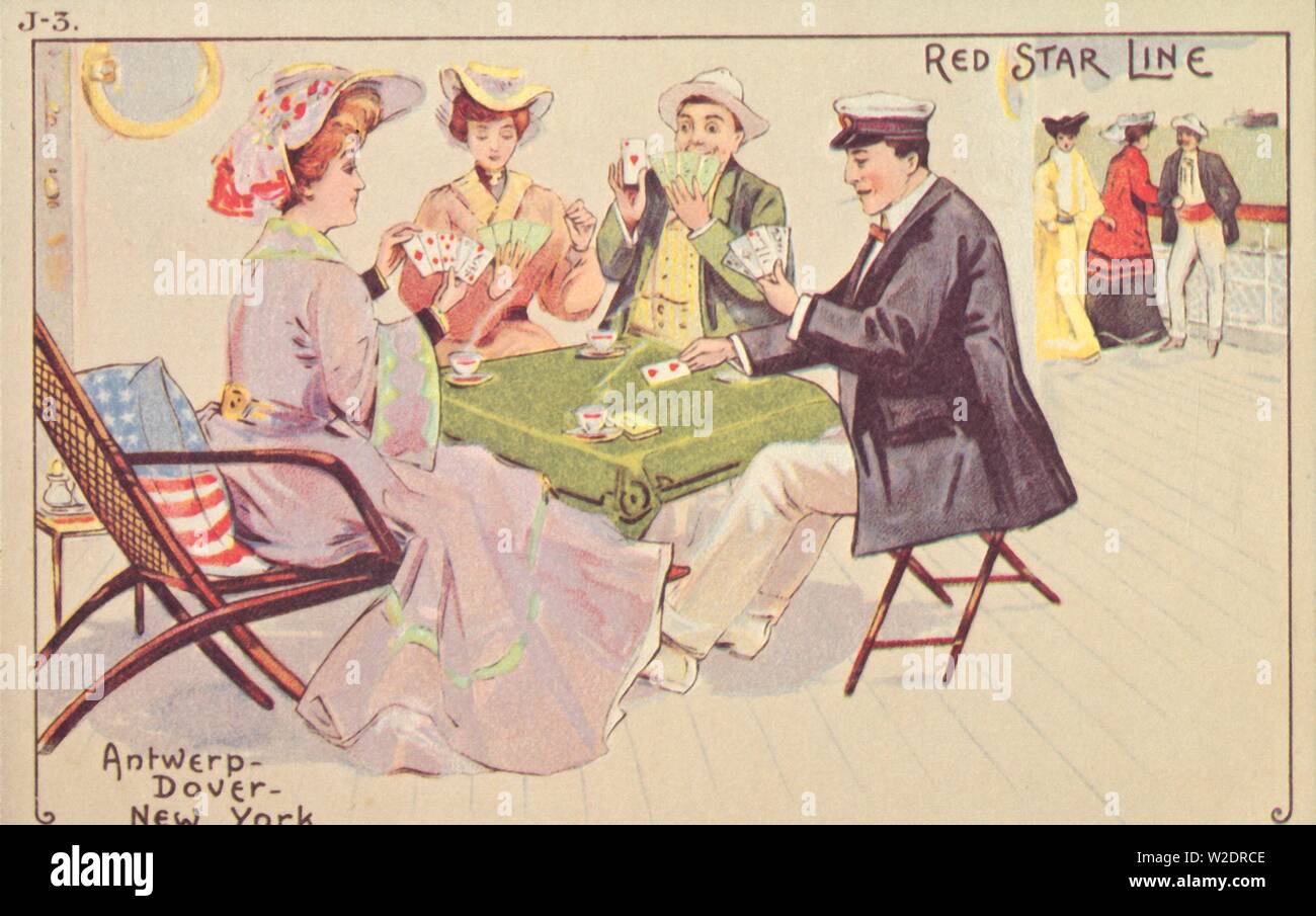Les passagers jouent aux cartes sur le pont d'une étoile rouge de 1907. Créateur : Inconnu. Banque D'Images
