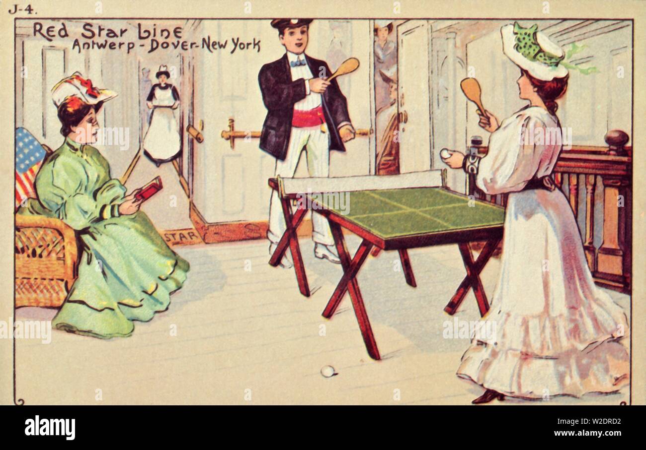 Tennis de table à bord d'un navire à passagers, le Red Star Line, 1907. Créateur : Inconnu. Banque D'Images