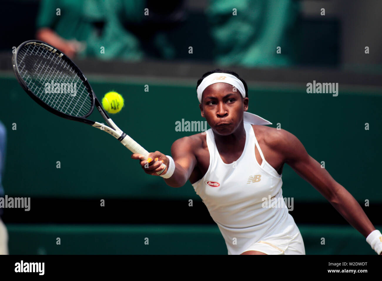 Wimbledon, Londres, Royaume-Uni. 8 juillet, 2019. Au cours de son match Cori Gauff : Simona contre aujourd'hui à Wimbledon. Gagné : ins droit fixe. Crédit : Adam Stoltman/Alamy Live News Banque D'Images Wimbledon, Londres, Royaume-Uni. 8 juillet, 2019. Au cours de son match Cori Gauff : Simona contre aujourd'hui à Wimbledon. Gagné : ins droit fixe. Crédit : Adam Stoltman/Alamy Live News Banque D'Images