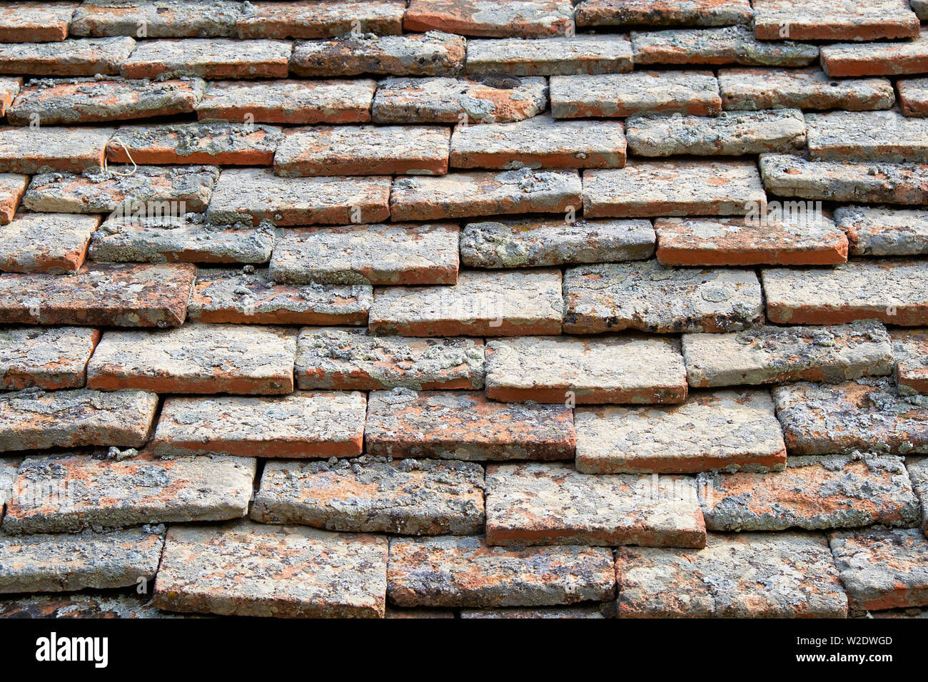 La texture des tuiles en terre cuite. Old weathered tuile de toit arrière-plan. Banque D'Images
