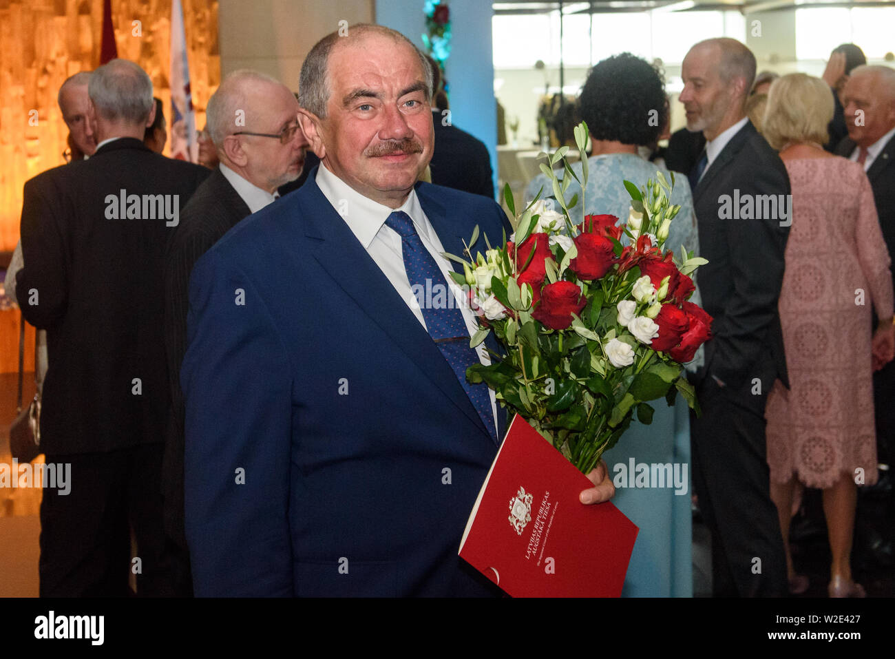 Riga, Lettonie. 8 juillet 2019. Bickovics Ivars, le juge en chef de la Cour suprême de la République de Lettonie, lors d'une réception en l'honneur de l'inauguration du Président de Lettonie M. Egils Levits accompagné par la Première Dame de Lettonie Mme Andra Lévite. Credit : Gints Ivuskans/Alamy Live News Banque D'Images