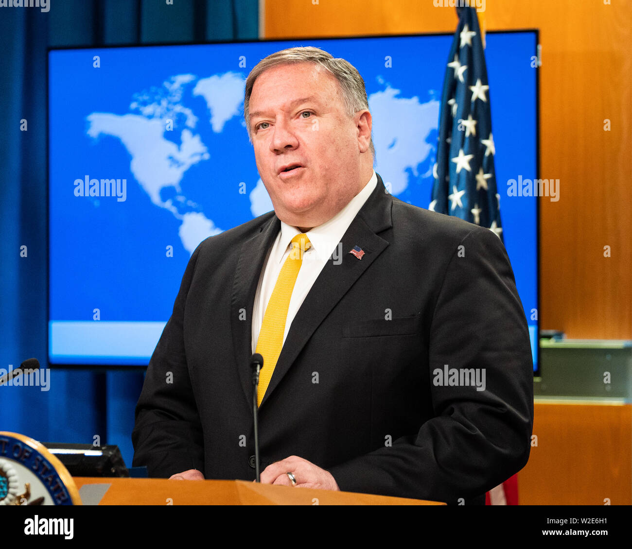 Washington, United States. 08 juillet, 2019. La secrétaire d'État des États-Unis, Mike Pompeo parlant au département d'Etat à Washington, DC. Credit : SOPA/Alamy Images Limited Live News Banque D'Images