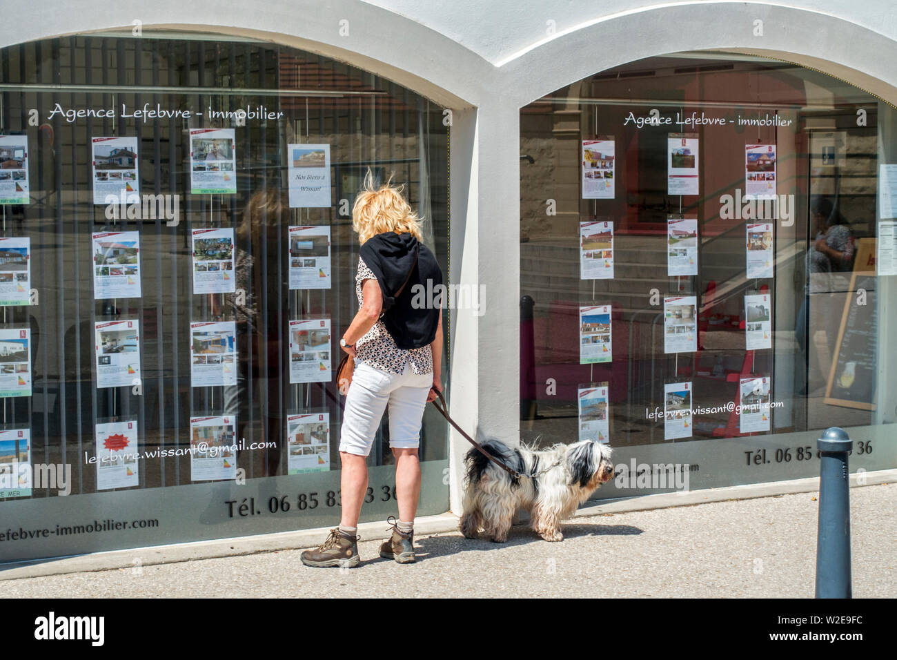Femme avec chien à la recherche à des prix d'appartements et maisons à vendre dans la fenêtre d'affichage de l'immobilier / immobilier agence à station balnéaire française, France Banque D'Images