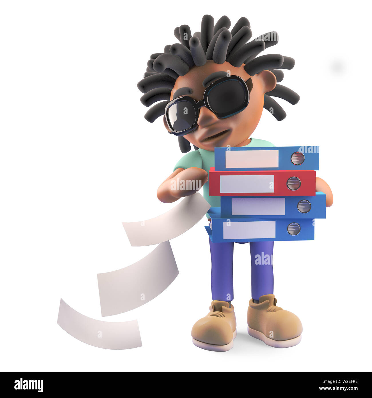 Rasta noir occupé l'homme avec des dreadlocks gouttes des fichiers à partir de dossiers, de rendu 3d illustration Banque D'Images