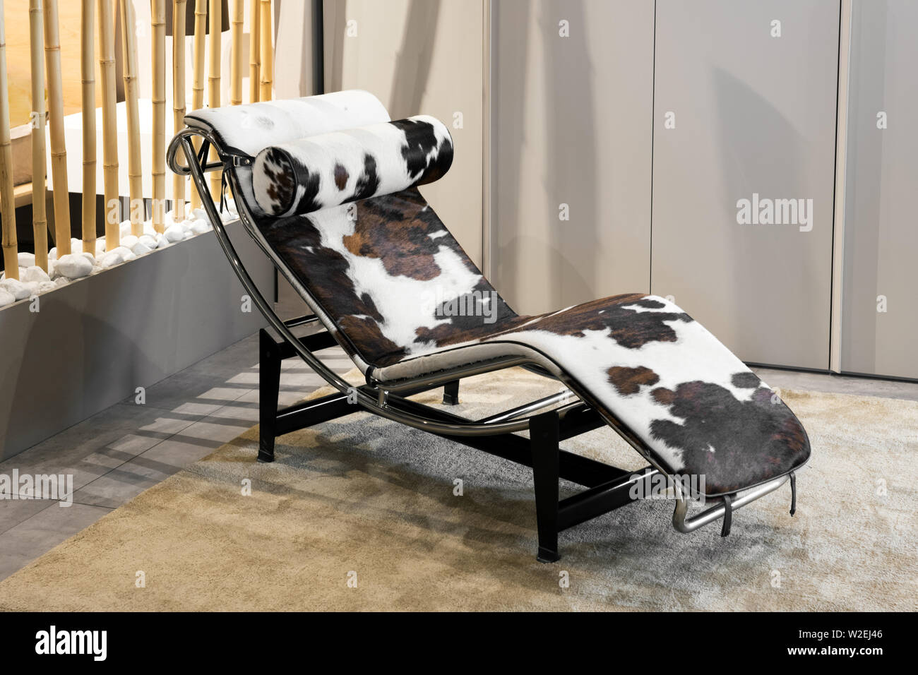 Élégante et moderne, cette chaise longue courbe avec peau d'animal sur un cadre métallique à l'intérieur sur un tapis dans une élégante maison avec décor marron beige neutre Banque D'Images