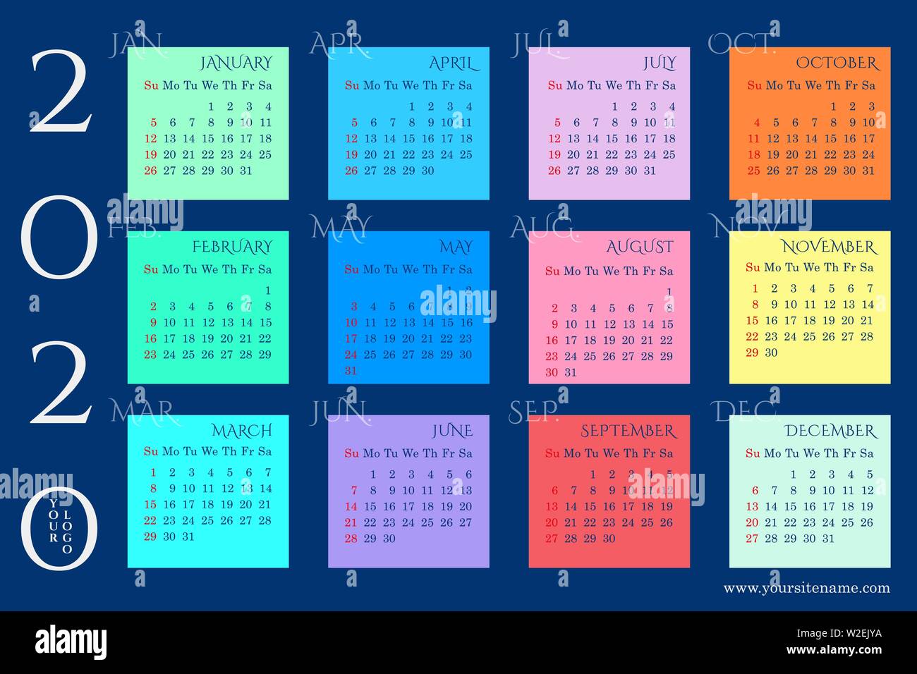 Calendrier mural arc-en-ciel de 2020 avec des blocs de mois sur un fond bleu foncé. Dimanche en rouge. Modèle vectoriel Illustration de Vecteur