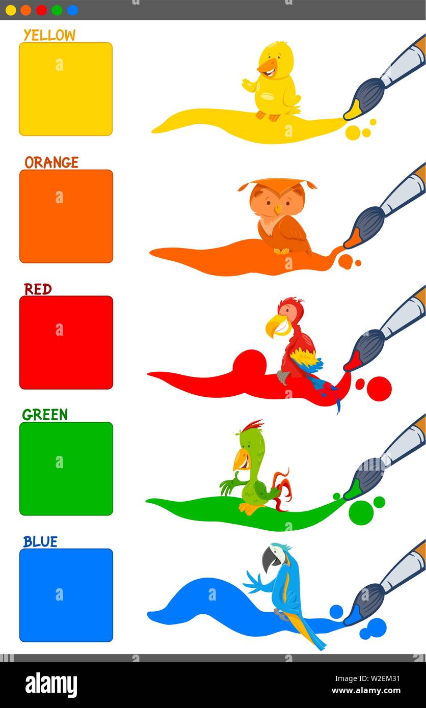 Cartoon Illustration de couleurs de base avec drôle d'animaux oiseaux ensemble l'éducation des caractères d'enfants d'âge préscolaire Illustration de Vecteur