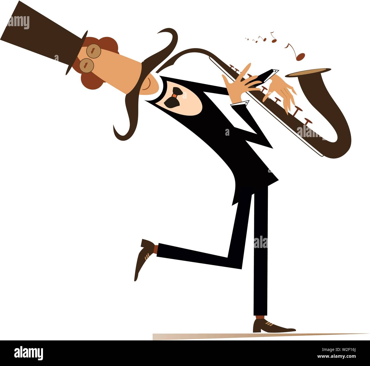 Cartoon illustration saxophoniste longues moustaches.Smiling moustache man in the top hat est la lecture de la musique au saxophone avec inspiration Illustration de Vecteur