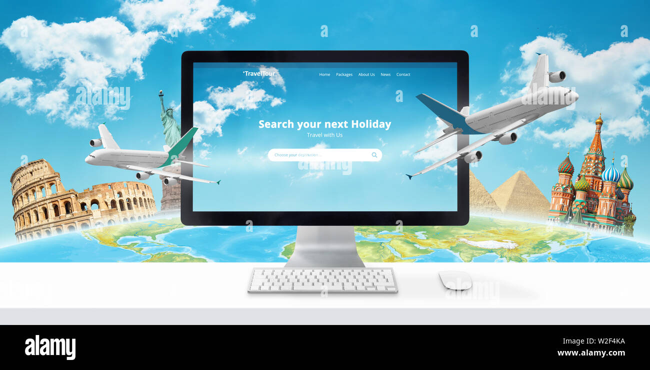 Réservation d'un vol en ligne concept. Traveler rechercher une destination, et réserver l'hébergement et des billets en ligne. Banque D'Images