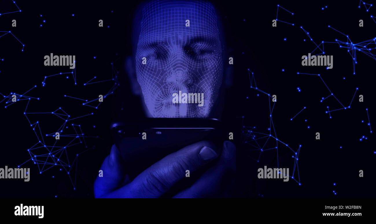 L'utilisateur du smartphone avec la reconnaissance faciale dans un réseau numérique. Banque D'Images