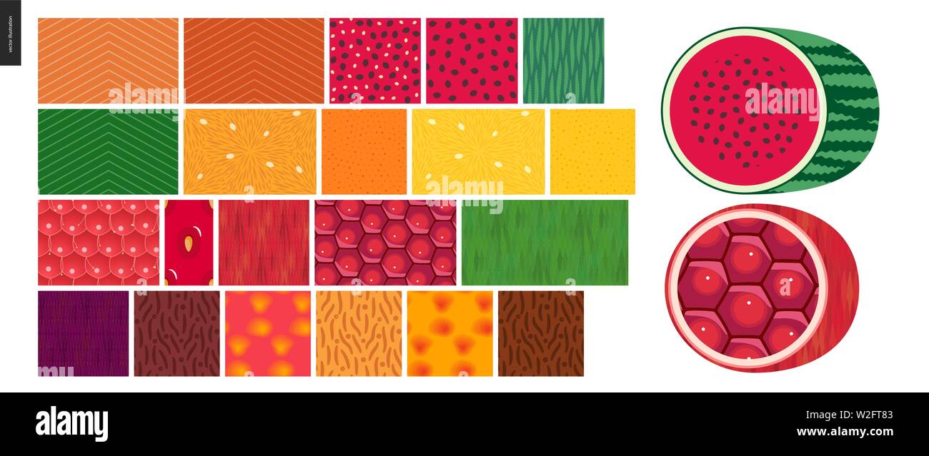 Les habitudes alimentaires - Légumes et fruits, plat illustré vecteur modèles sans couture -Saumon, melon, orange peel et pâte, citron, framboise, fraise, Illustration de Vecteur