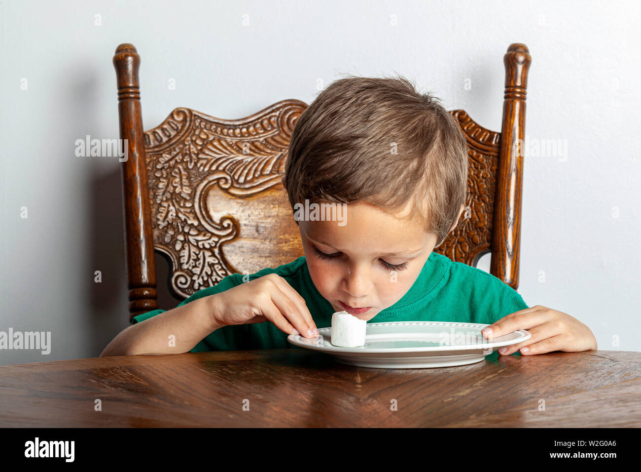 Un jeune garçon assis à une table à la guimauve en un seul près de son visage dans le cadre de l'expérience de guimauve. Banque D'Images