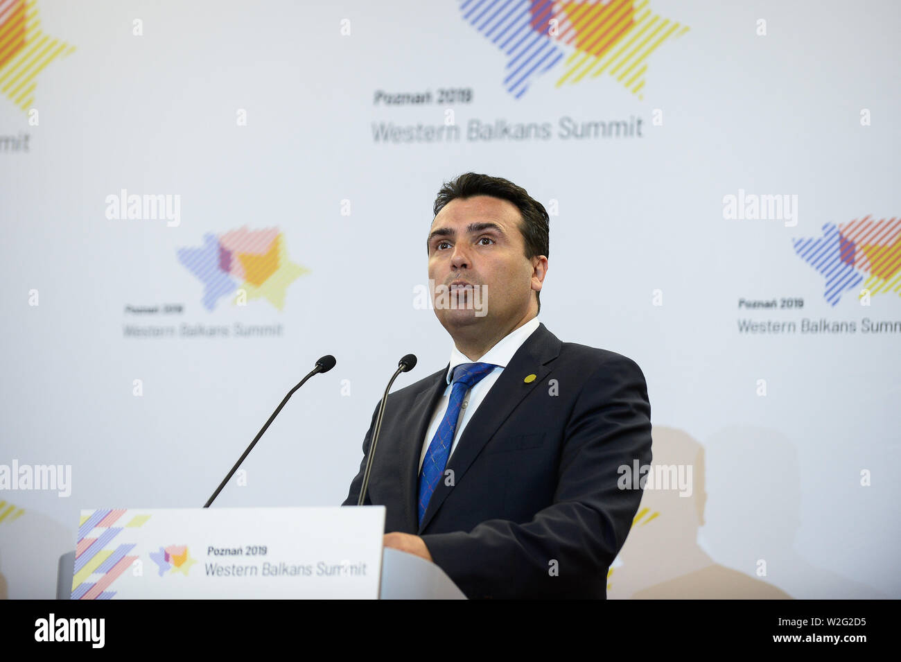 Poznan, Pologne. 05 juillet, 2019. Premier Ministre de la Macédoine du Nord, Zoran Zaev prend la parole lors d'une conférence de presse au 6ème Sommet des Balkans occidentaux à Poznan. Credit : SOPA/Alamy Images Limited Live News Banque D'Images