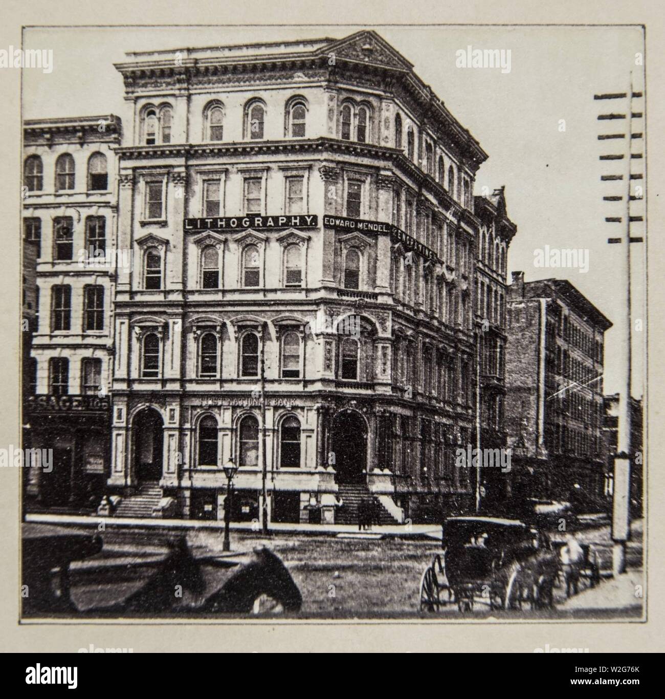 Avant incendie de Chicago, First National Bank corner d'État et Washington Sts. Banque D'Images