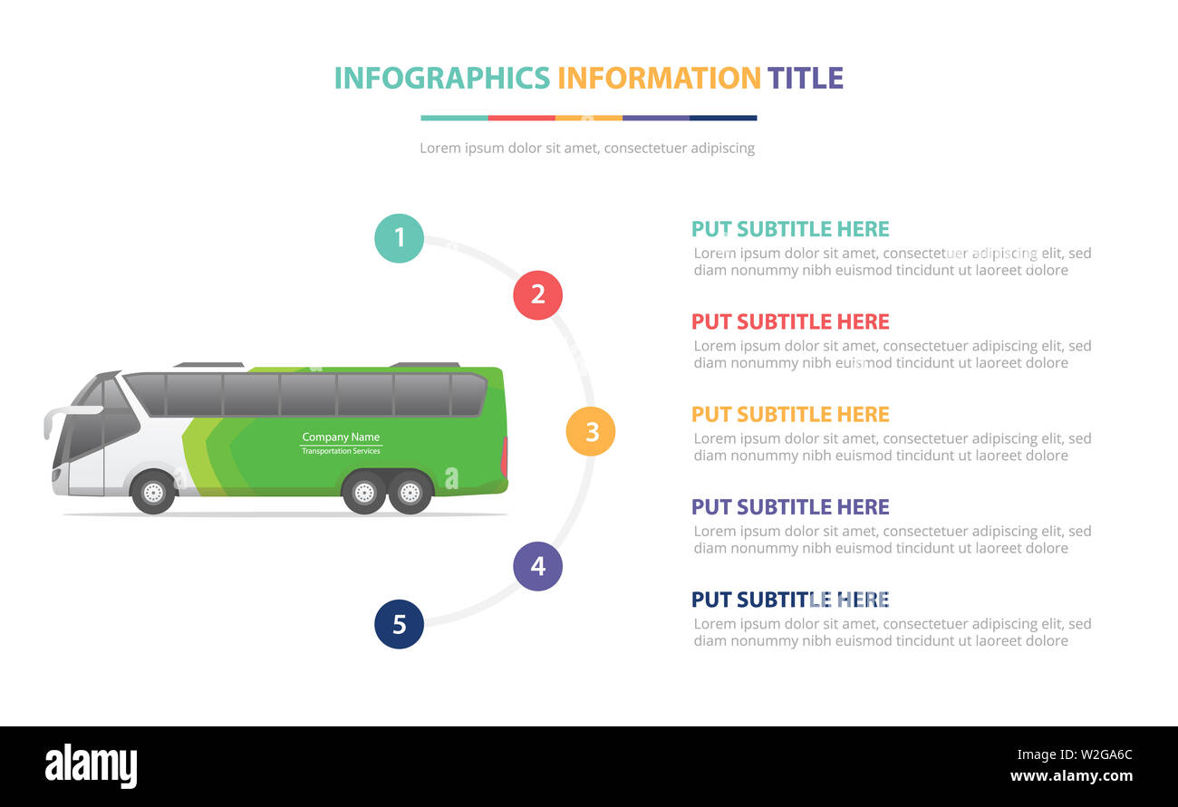 Big Bus infographic template concept avec cinq points liste et différentes couleurs, lignes modernes fond blanc - vector illustration Banque D'Images